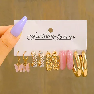 Fashion Geometric Chain Butterfly Hoop Earring Set 